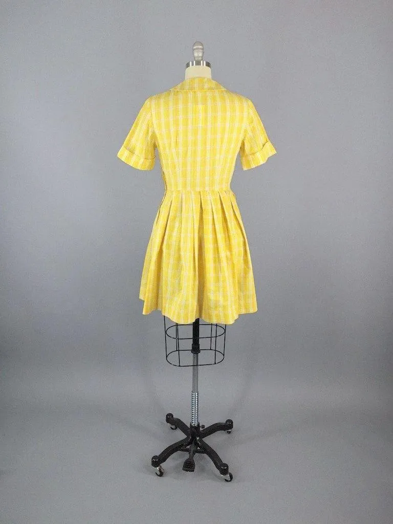 Vintage Yellow Plaid Cotton Dress