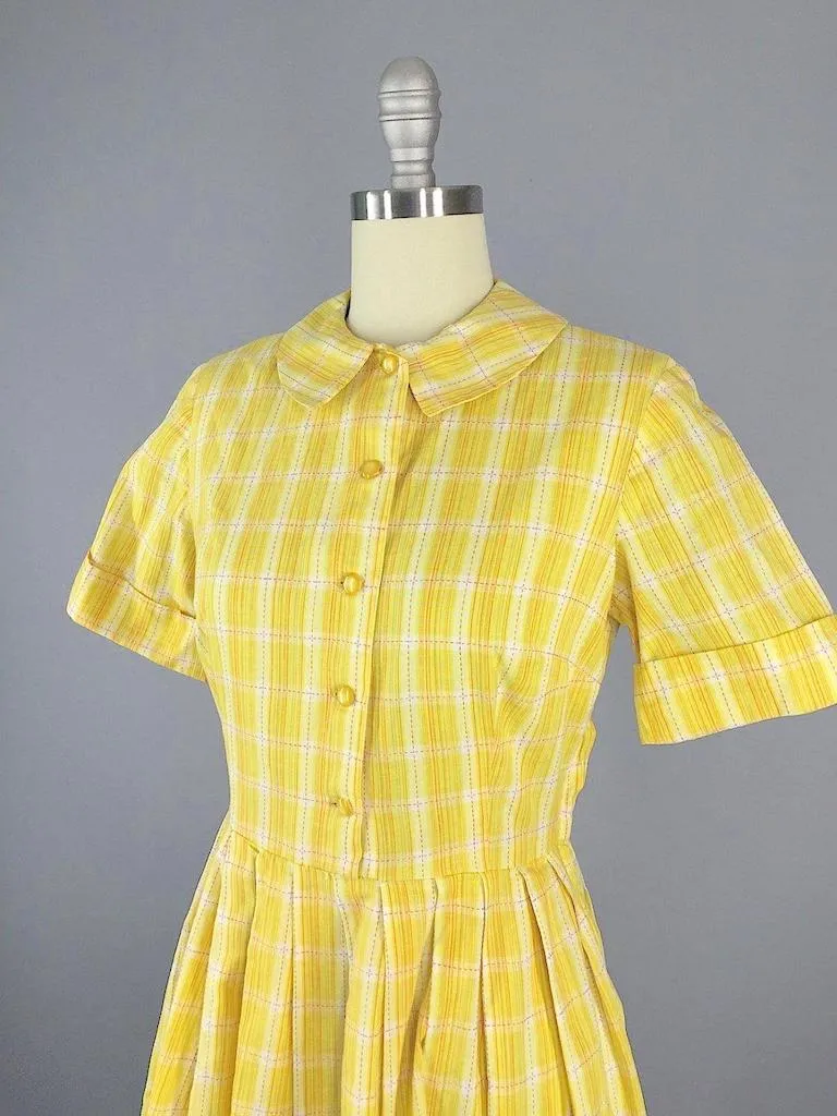 Vintage Yellow Plaid Cotton Dress