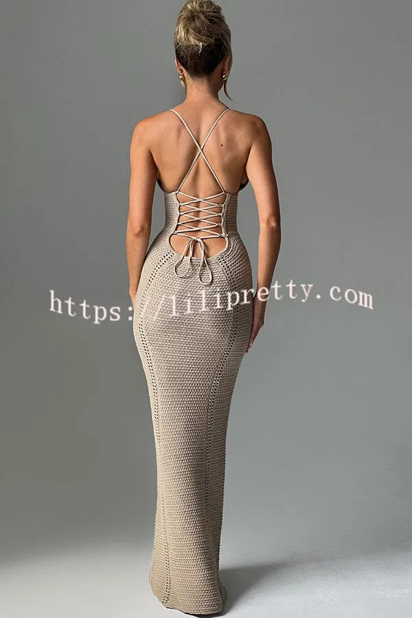 Warm Weather Favorite Knit Crochet Hollow Out Back Lace-up Stretch Maxi Dress