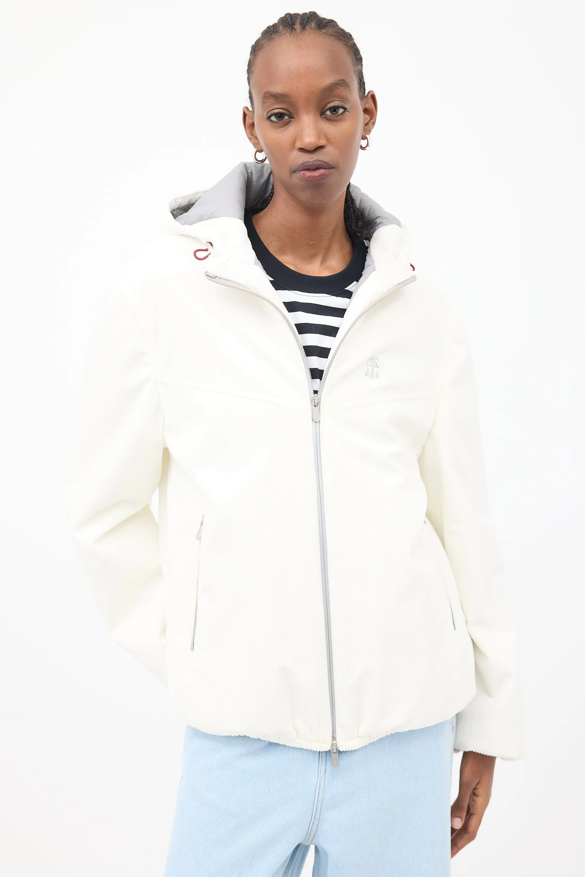 White Corduroy Logo Puffer Jacket