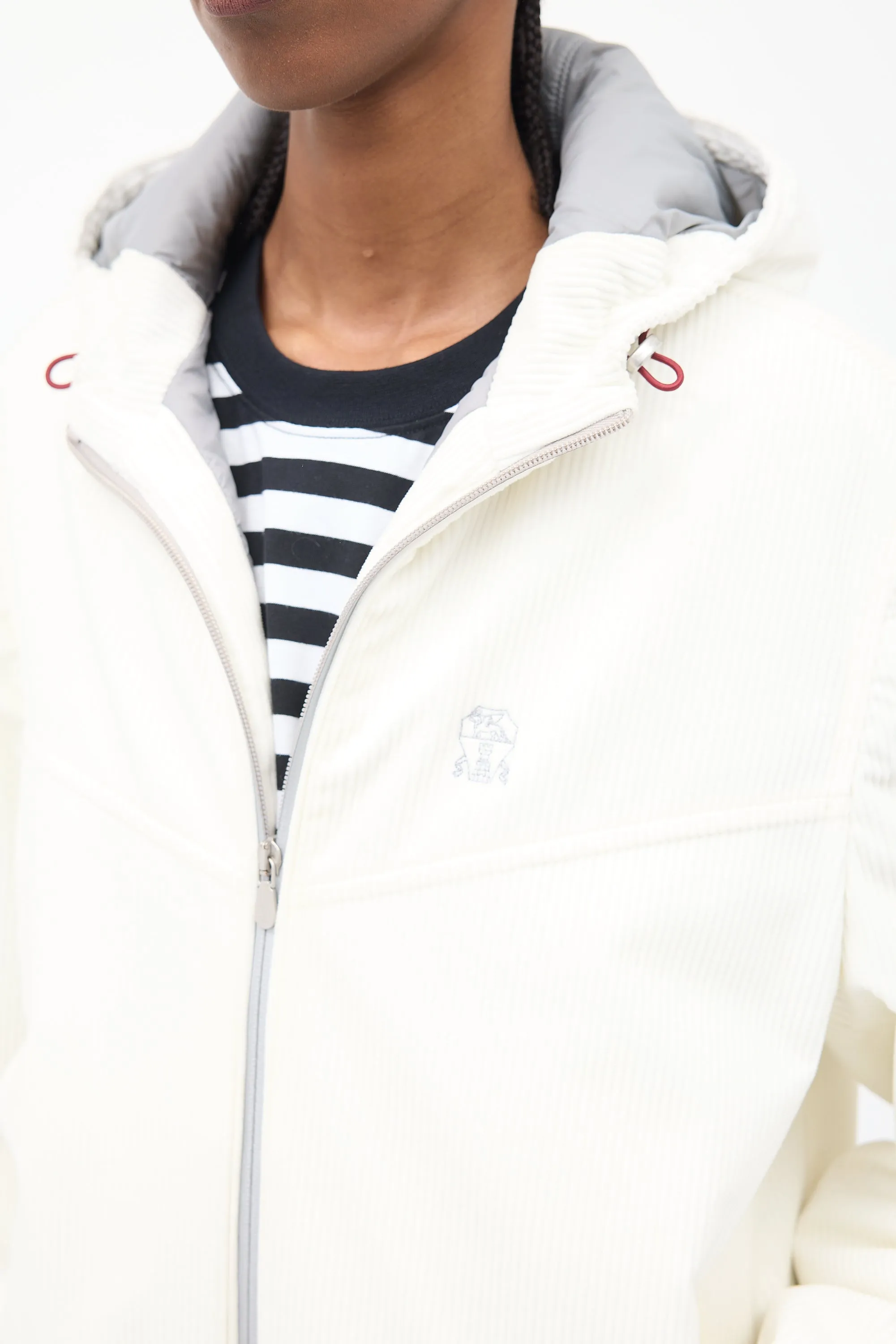 White Corduroy Logo Puffer Jacket