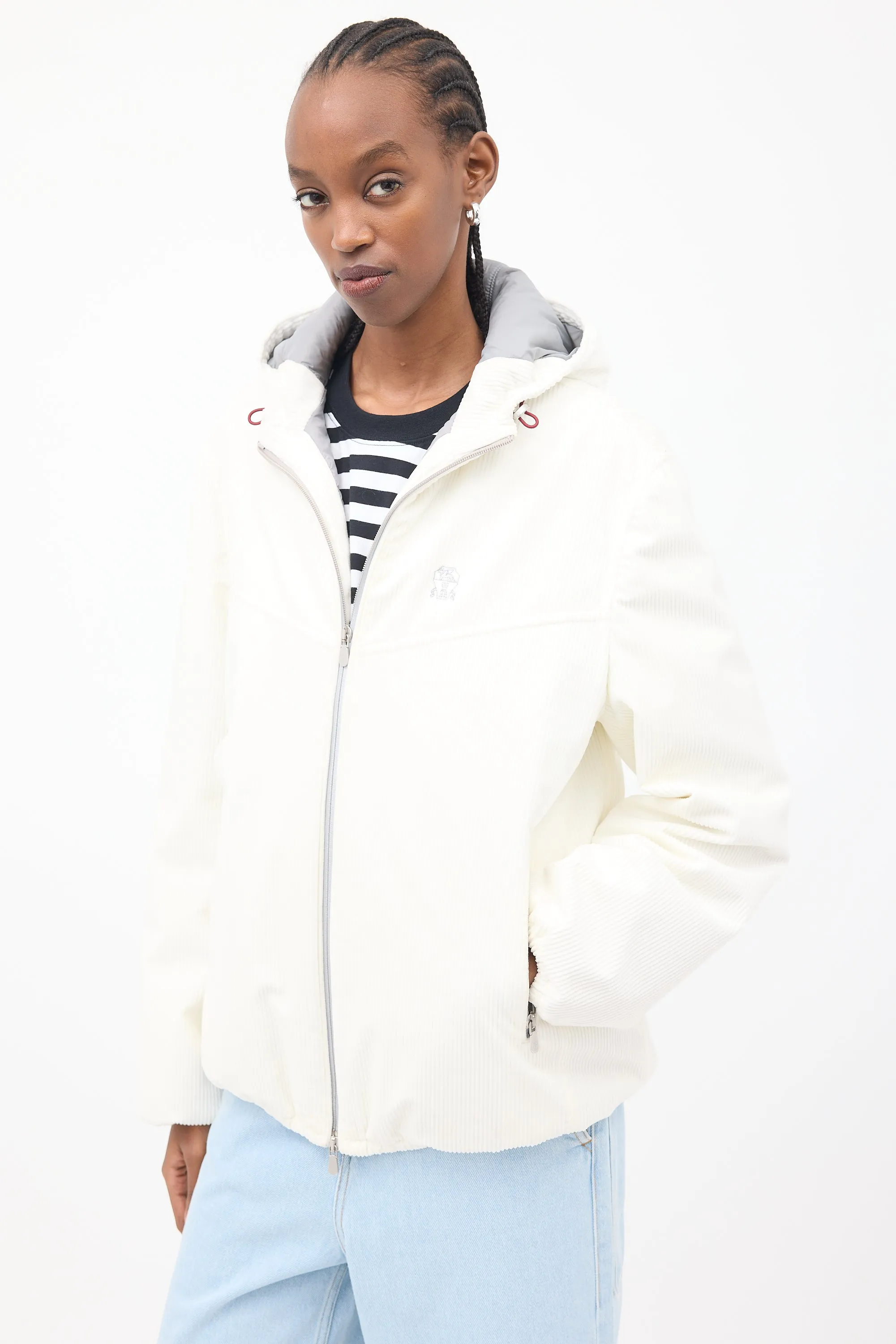 White Corduroy Logo Puffer Jacket