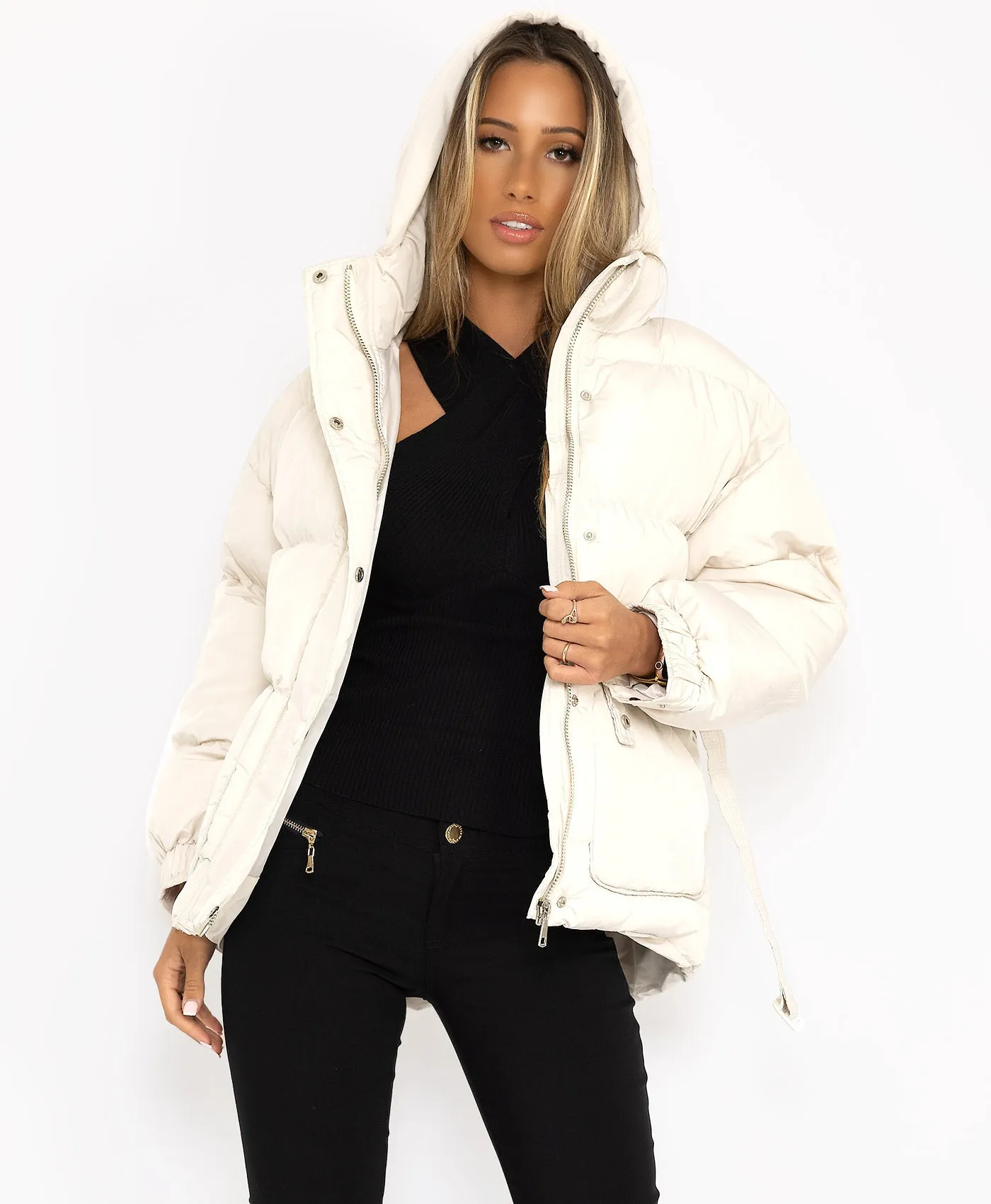 White Padded Quilted Belted Puffer Duvet Jacket