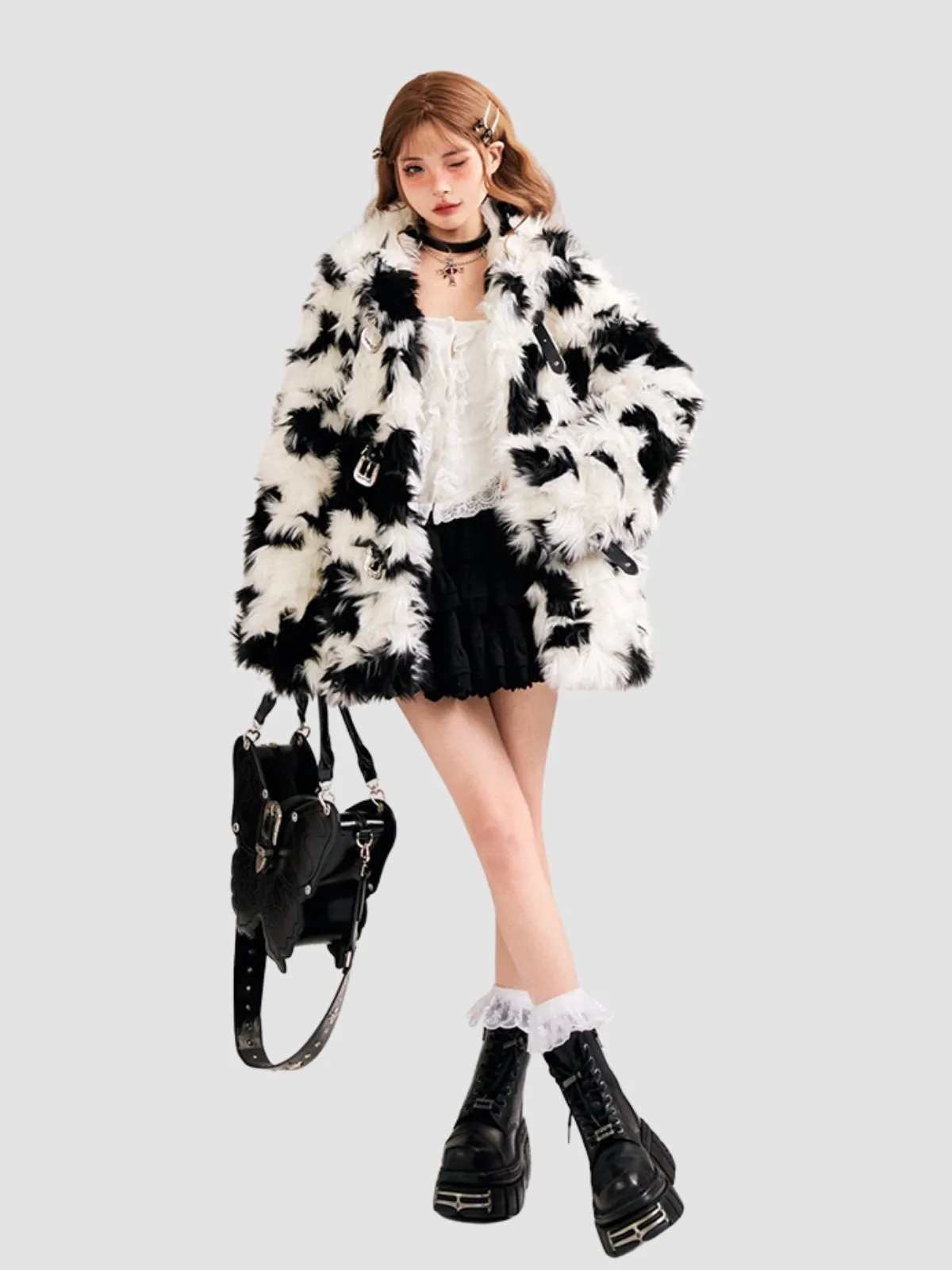 WLS Black & White Plush Fur Coat