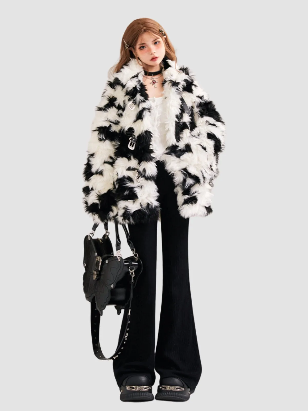 WLS Black & White Plush Fur Coat