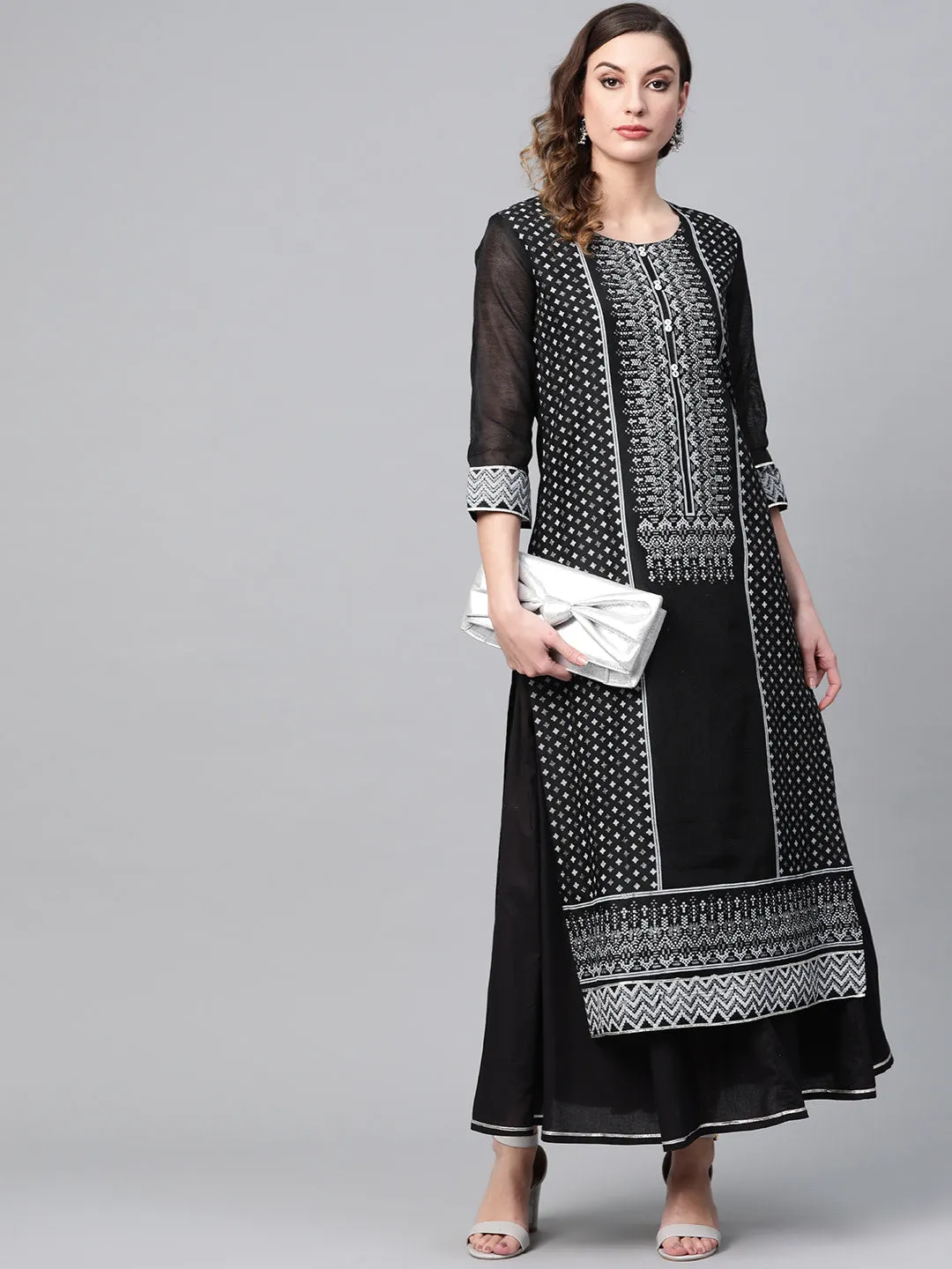 Women Black And White Screen Printed Kurta With Skirt