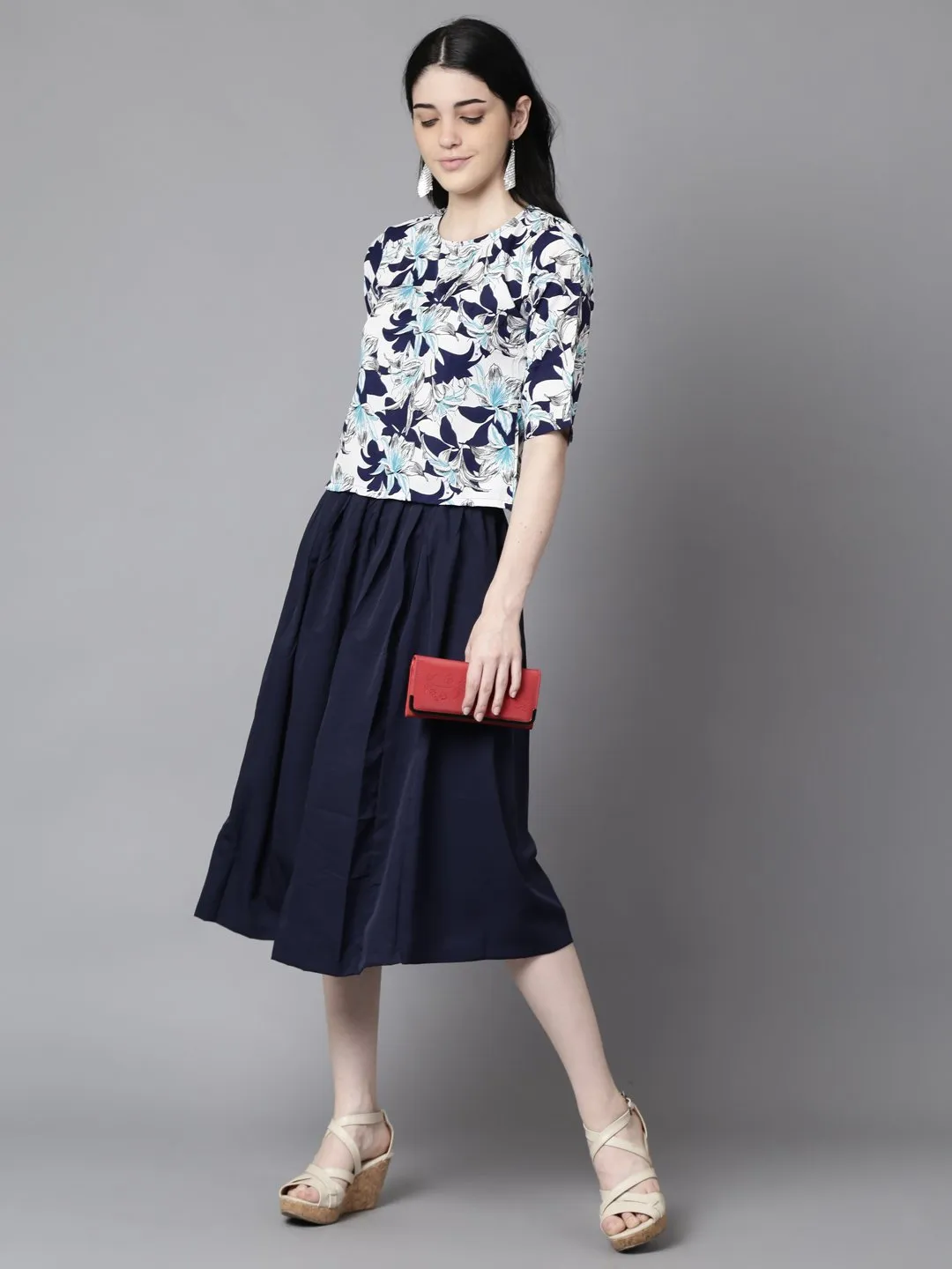 Women Navy Blue Slip-On Polyester Short Sleeves Skirt And Top Set