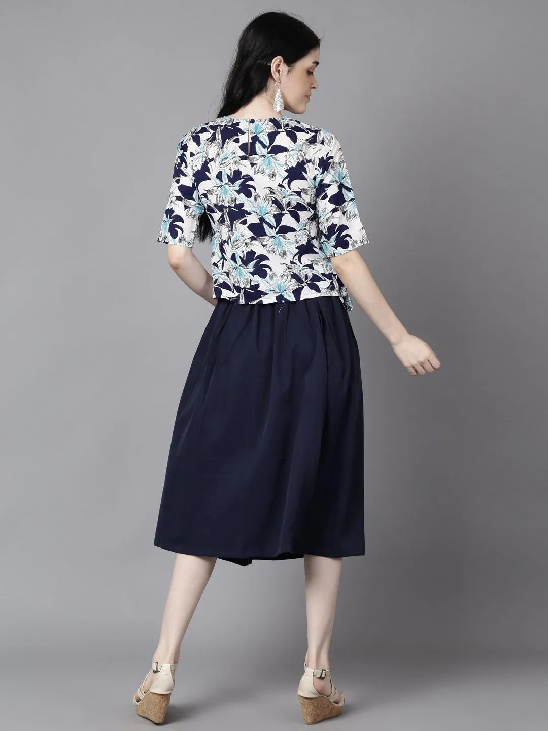 Women Navy Blue Slip-On Polyester Short Sleeves Skirt And Top Set