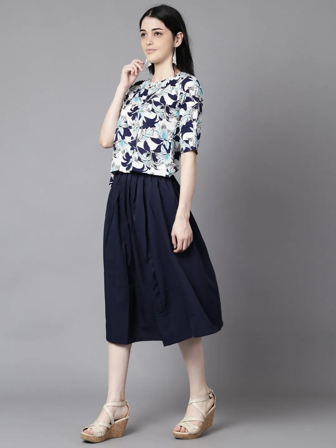 Women Navy Blue Slip-On Polyester Short Sleeves Skirt And Top Set