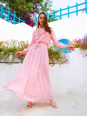 Women Pink Polka Dot Pleated Shirt With Maxi Skirt