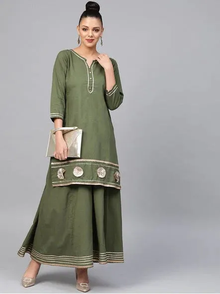 Women'S Green Solid Kurta With Skirt