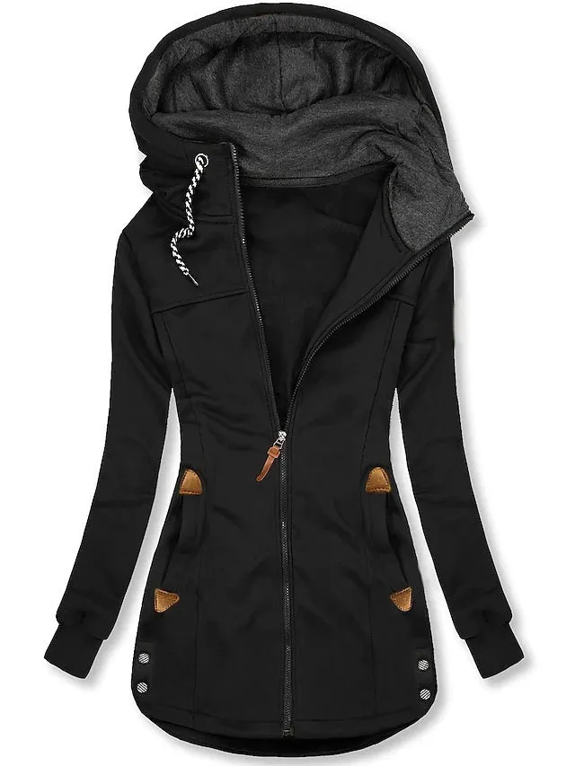 Women's Lined Hooded Drawstring Pocket Zipper Coat for Winter