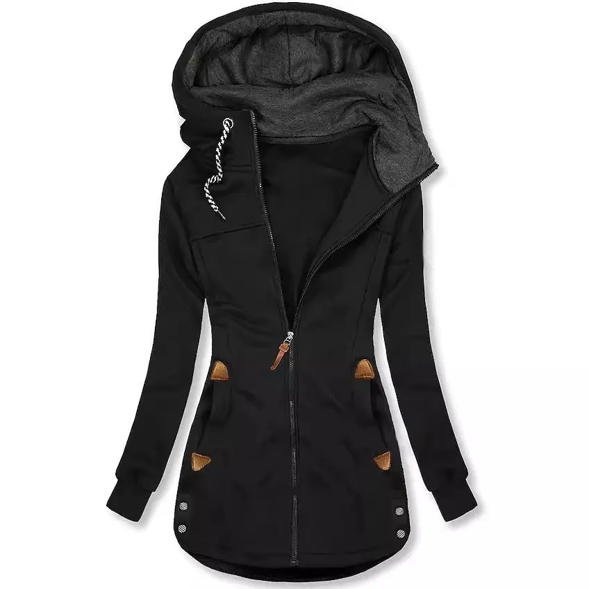 Women's Lined Hooded Drawstring Pocket Zipper Coat for Winter