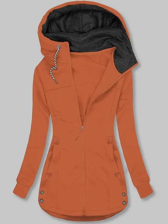 Women's Lined Hooded Drawstring Pocket Zipper Coat for Winter