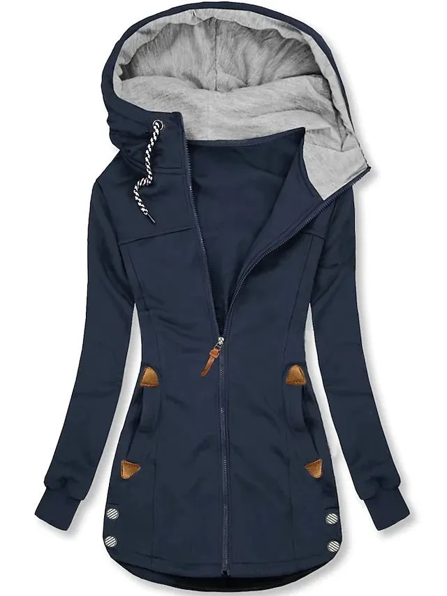 Women's Lined Hooded Drawstring Pocket Zipper Coat for Winter