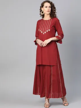 Women'S Maroon & Golden Gotta Patti Detail Kurta With Skirt