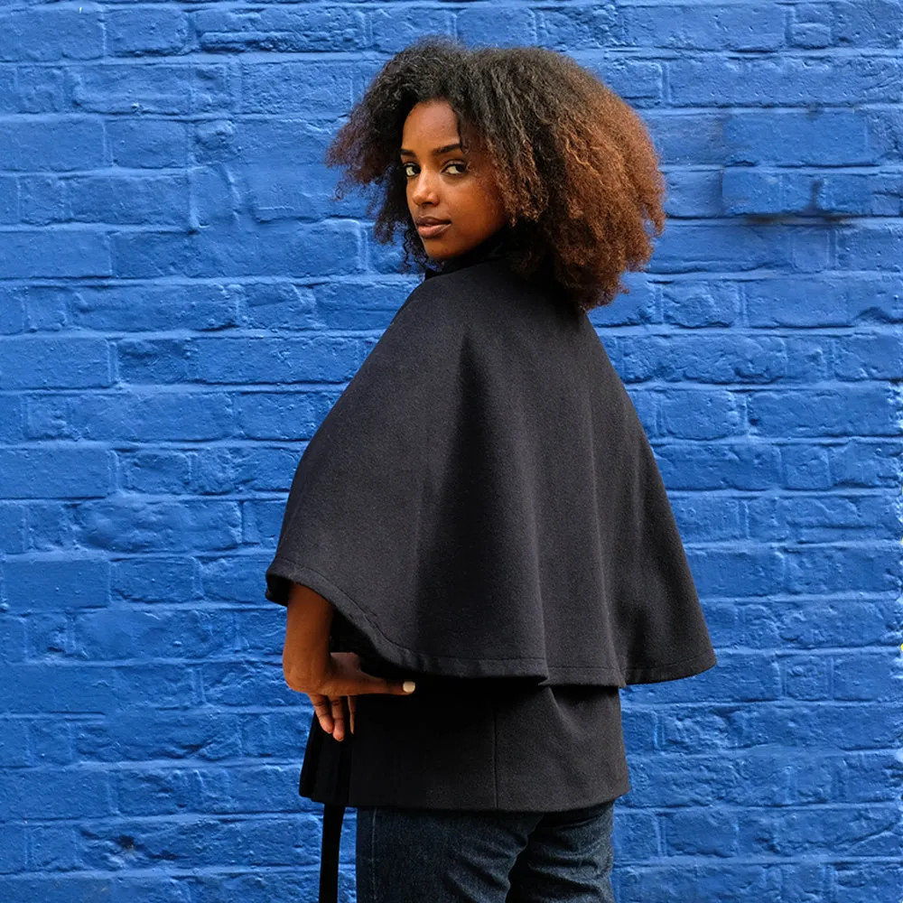 Wool and Cashmere Cape in Navy with Black Watch trimmings