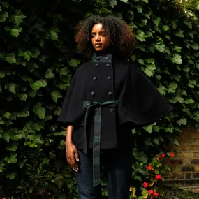 Wool and Cashmere Cape in Navy with Black Watch trimmings