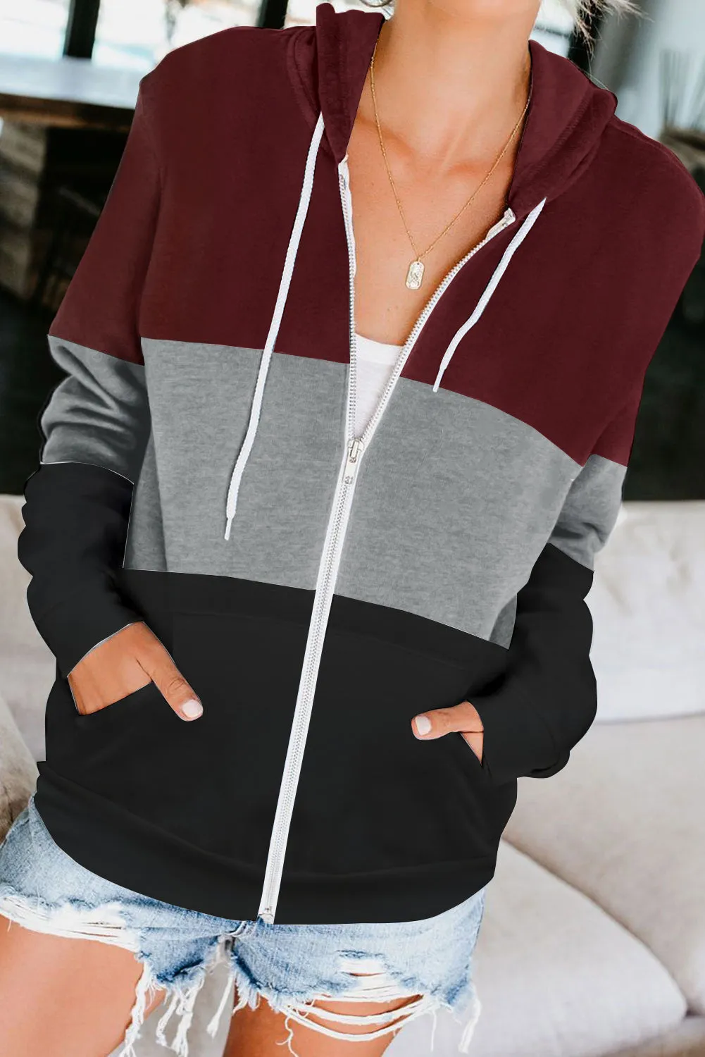 Zip Front Color Block Splicing Drawstring Hoodie