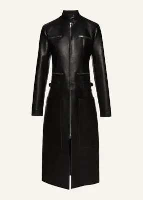 Zip up leather coat in black