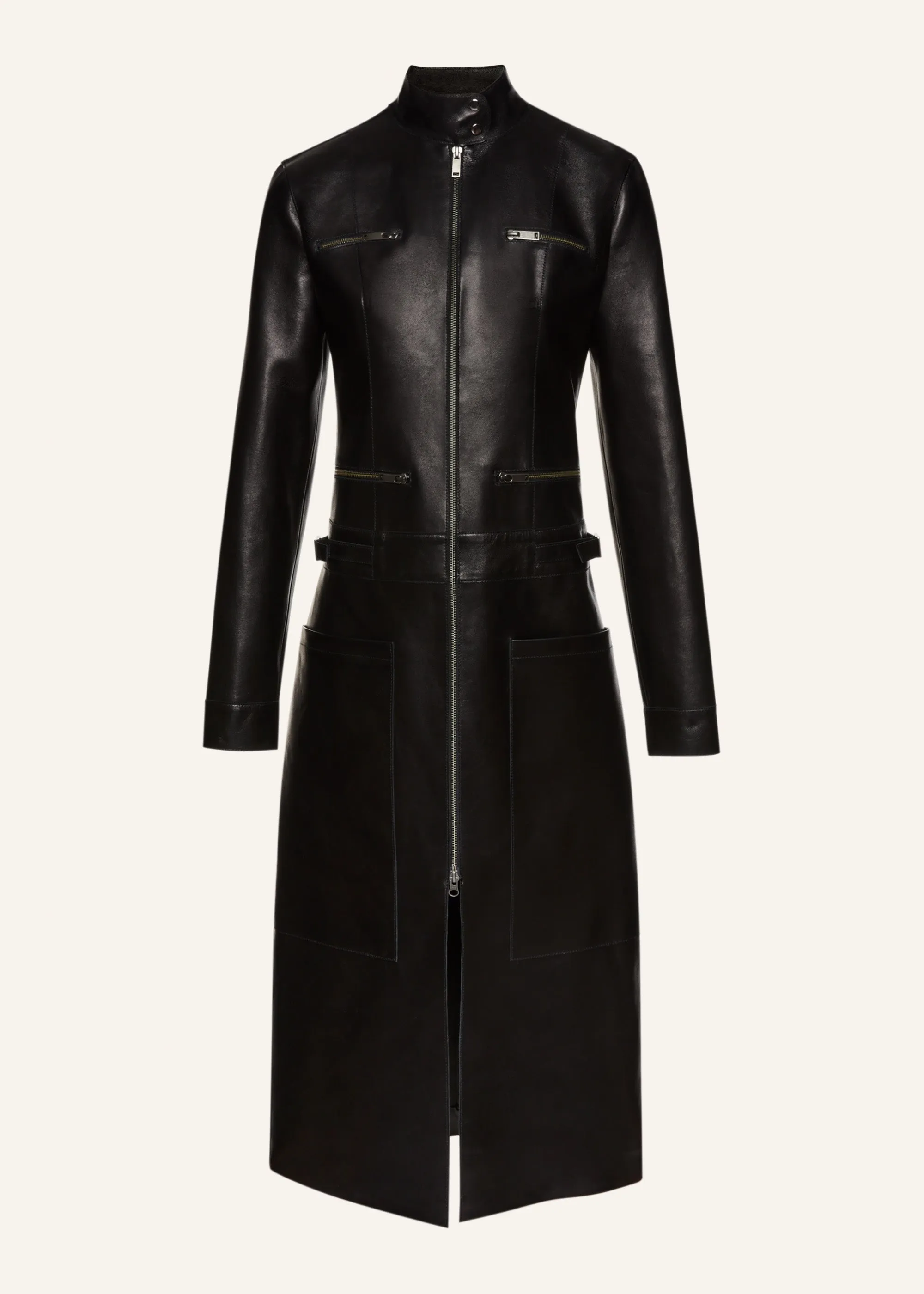 Zip up leather coat in black